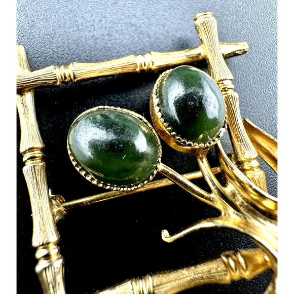 Vintage 12k GF Gold Filled Bamboo Floral Jade Nephrite Pin Brooch - Picture 7 of 8